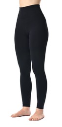 Photo of Woman wearing black sports leggings on white background, closeup