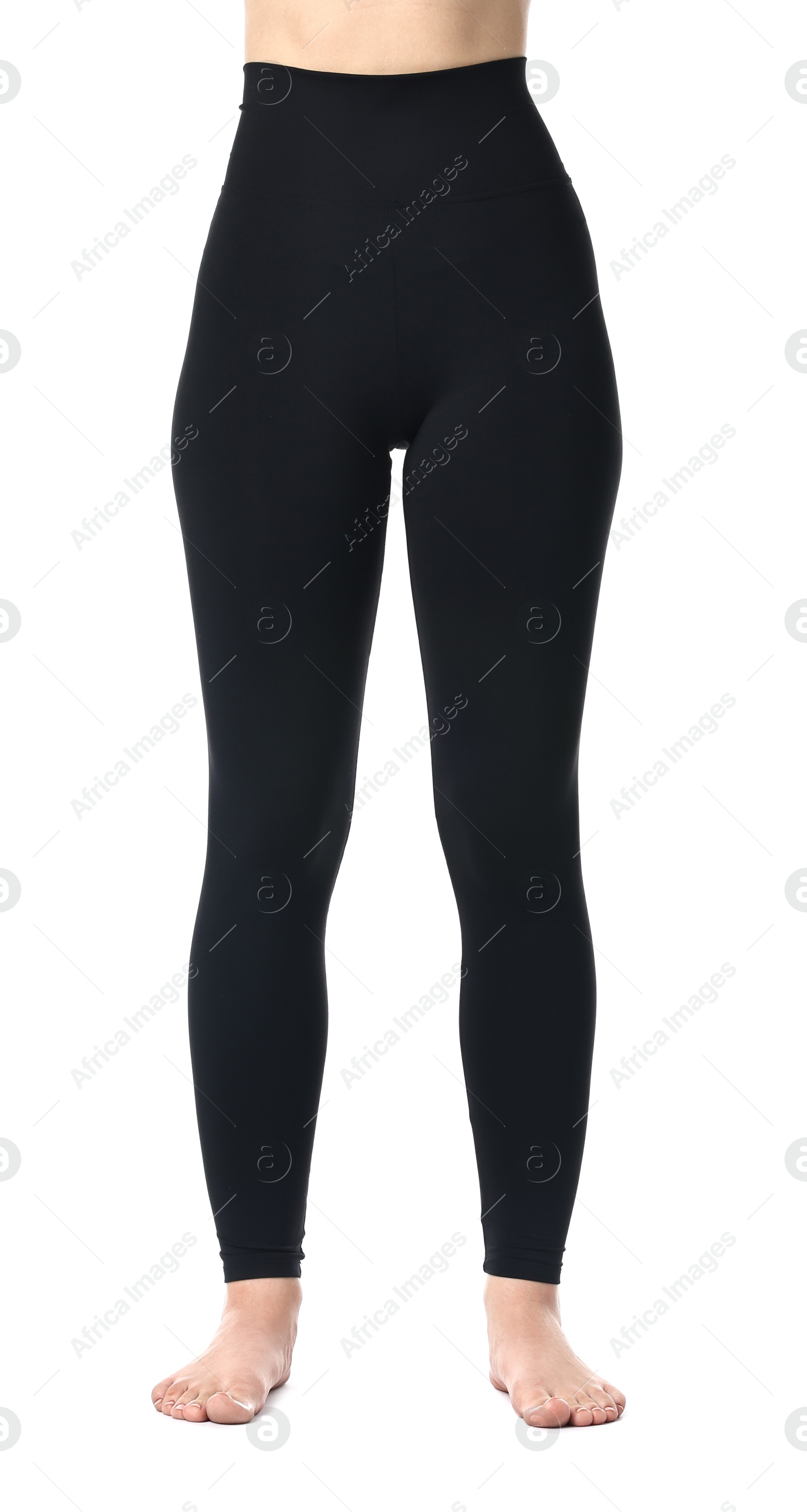 Photo of Woman wearing black sports leggings on white background, closeup