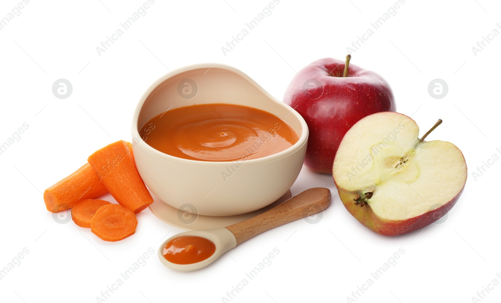 Photo of Delicious baby food in bowl and ingredients isolated on white