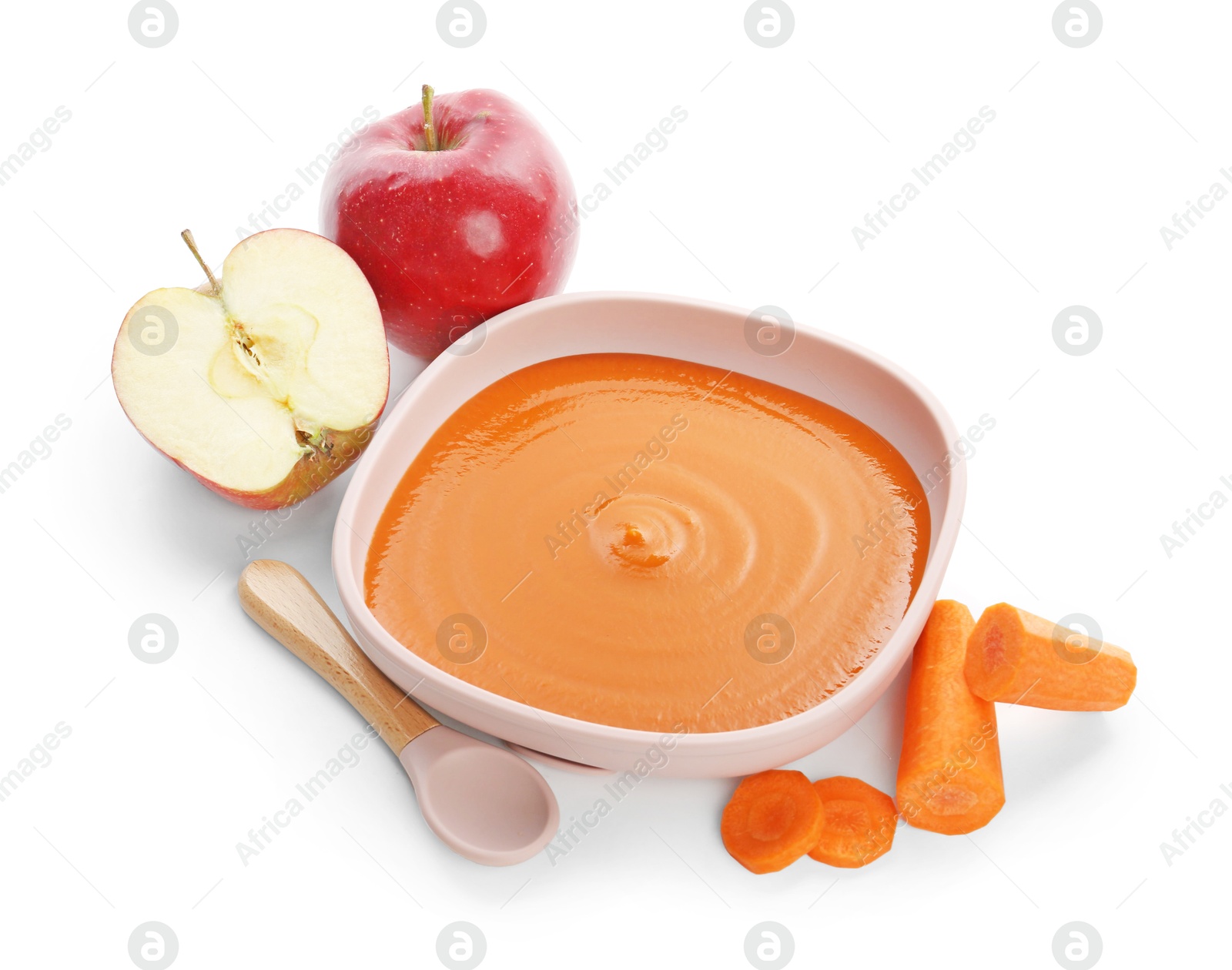 Photo of Delicious baby food in bowl and ingredients isolated on white