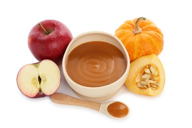 Photo of Delicious baby food in bowl with spoon and fresh ingredients isolated on white