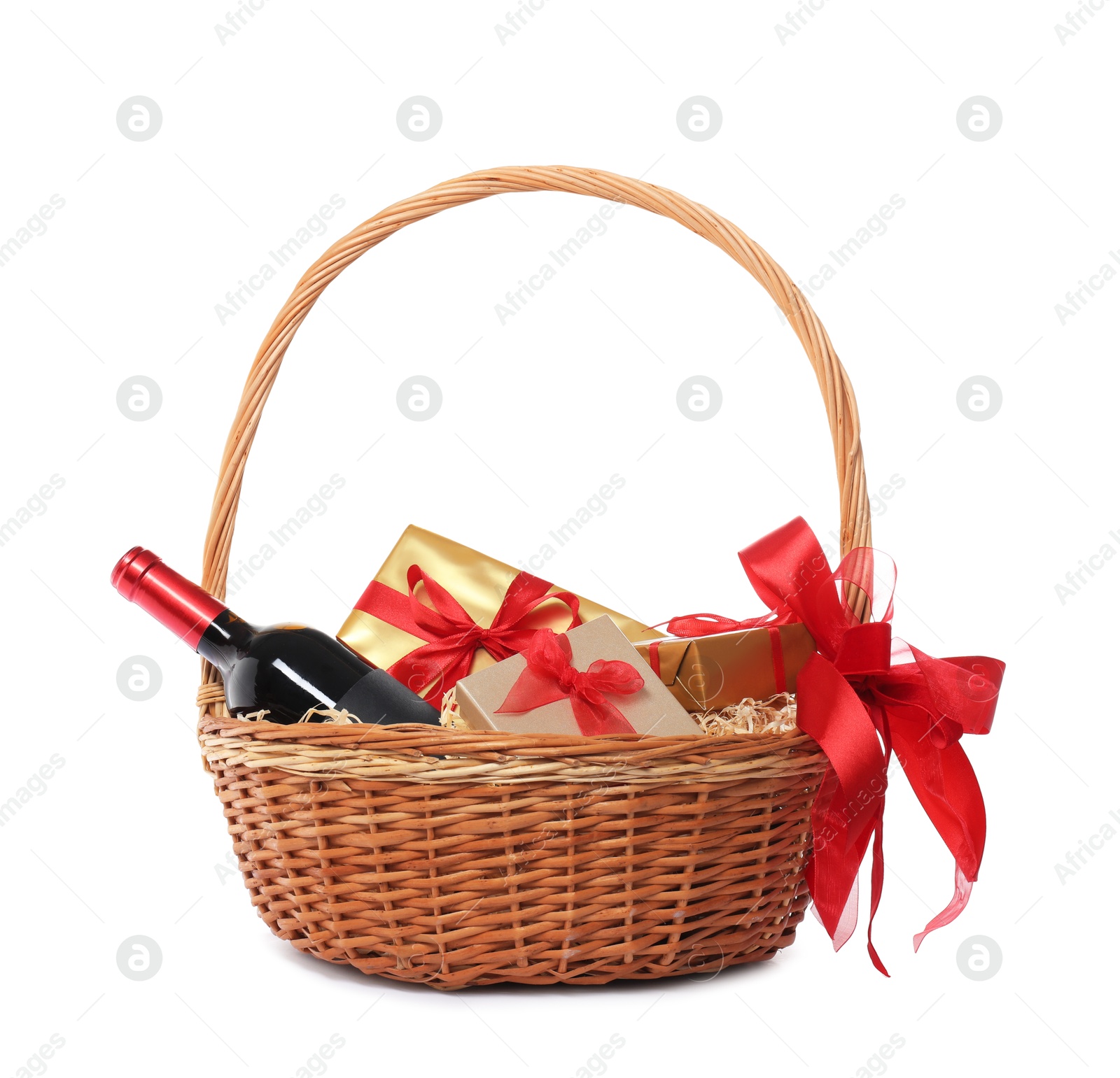 Photo of Wicker gift basket with wine isolated on white