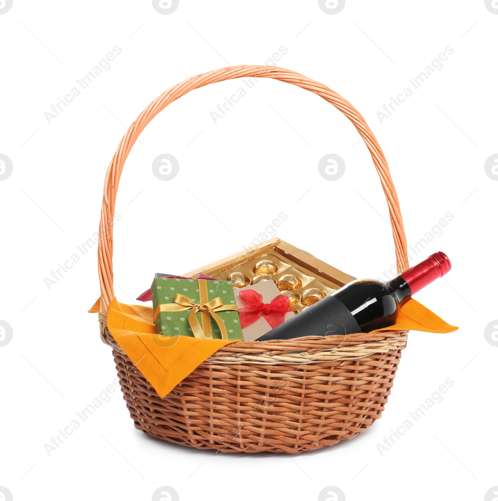 Photo of Wicker gift basket with wine isolated on white