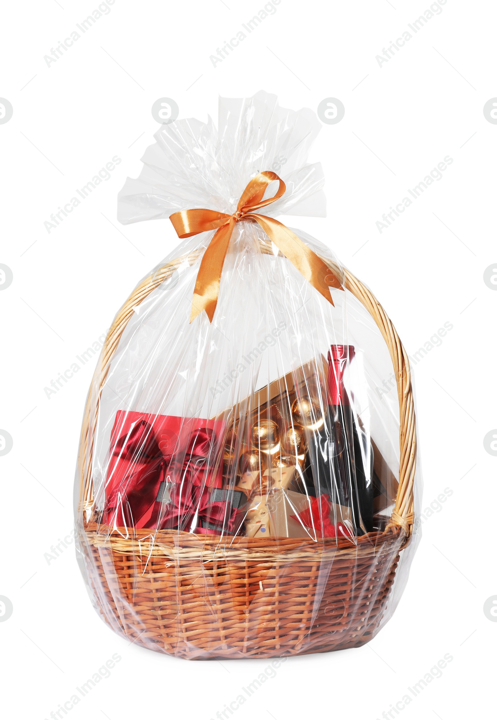 Photo of Wicker gift basket with wine isolated on white