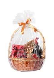 Photo of Wicker gift basket with wine isolated on white