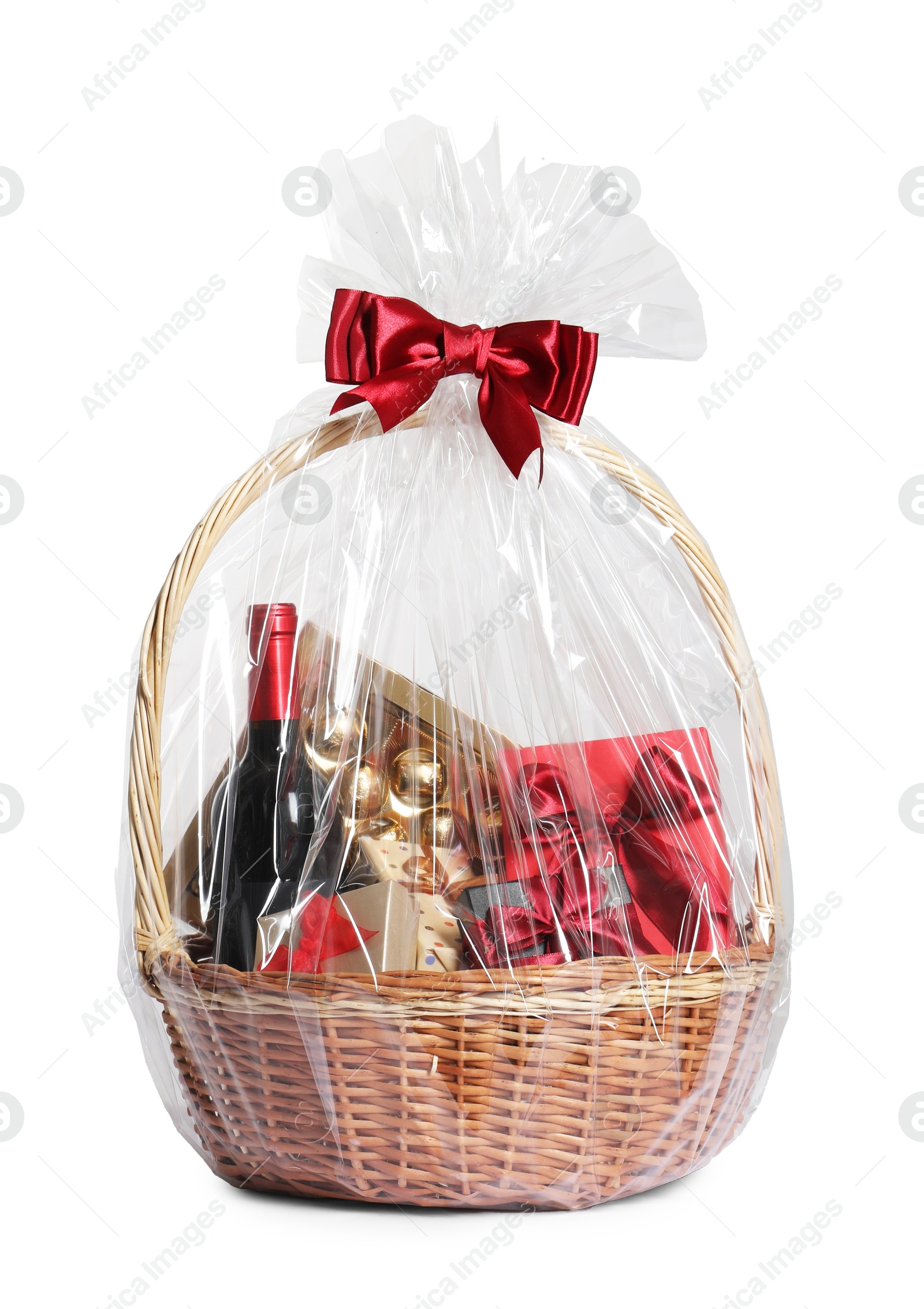 Photo of Wicker gift basket with wine isolated on white