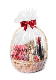 Photo of Wicker gift basket with wine isolated on white