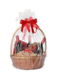 Photo of Wicker gift basket with wine isolated on white