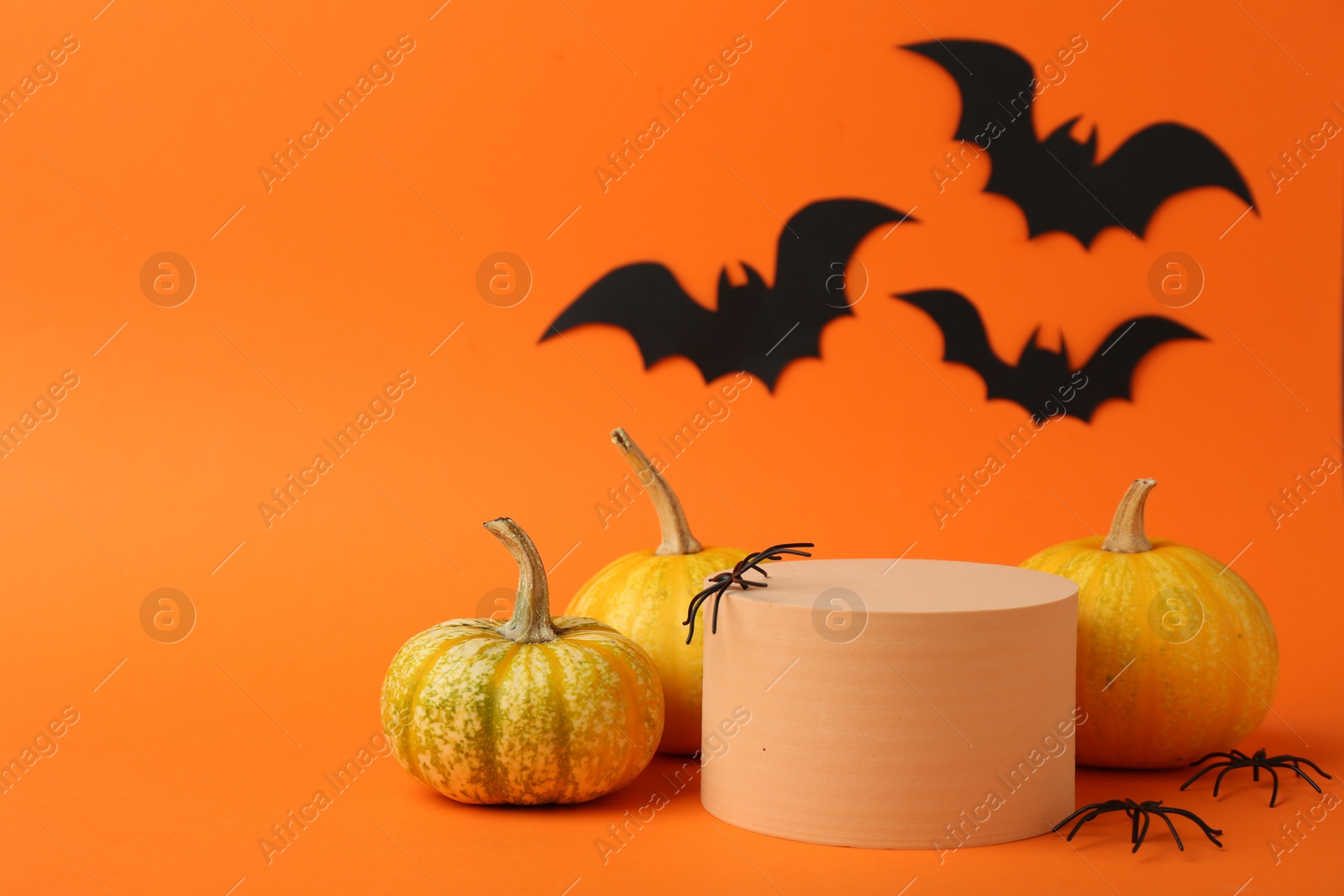 Photo of Halloween celebration. Black paper bats, spiders pumpkins and podium on orange background, space for text