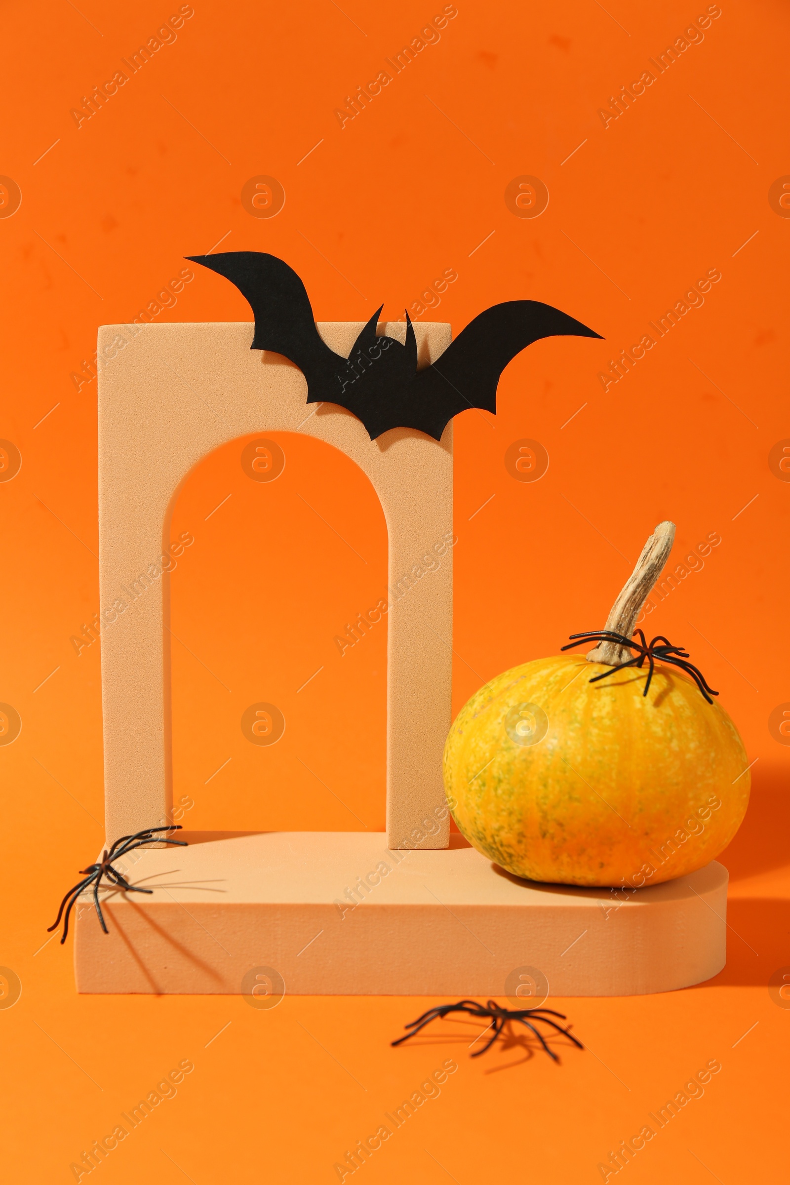 Photo of Halloween celebration. Black paper bat, spiders, pumpkin and geometric figures on orange background