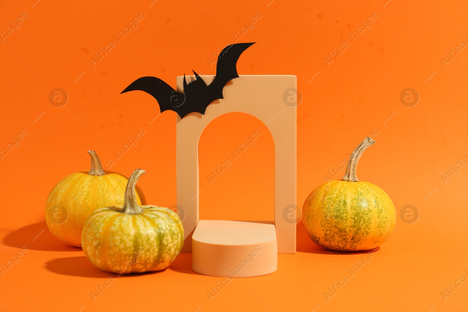 Photo of Halloween celebration. Black paper bat, pumpkins and geometric figures on orange background