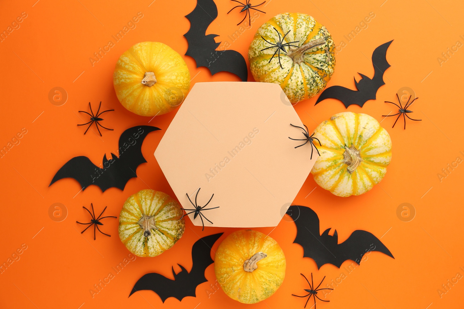 Photo of Halloween celebration. Black paper bats, spiders, pumpkins and podium on orange background, flat lay