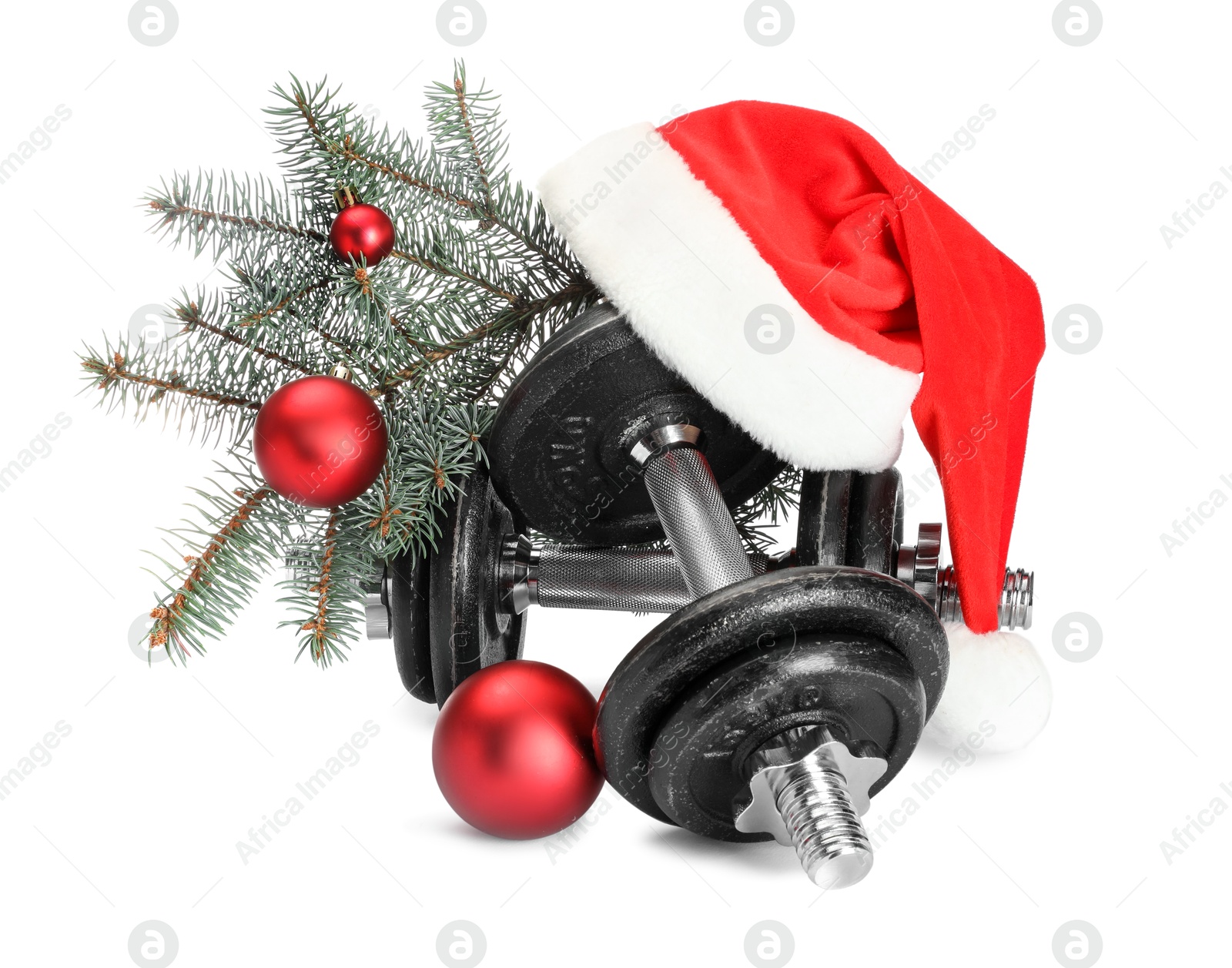 Photo of Dumbbells and Christmas decor isolated on white