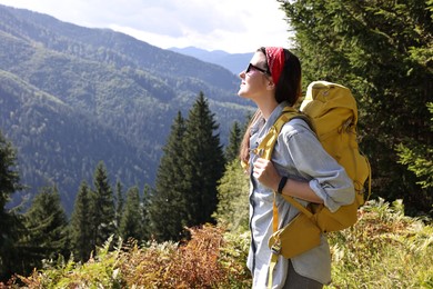 Photo of Young hiker with backpack in mountains on sunny day