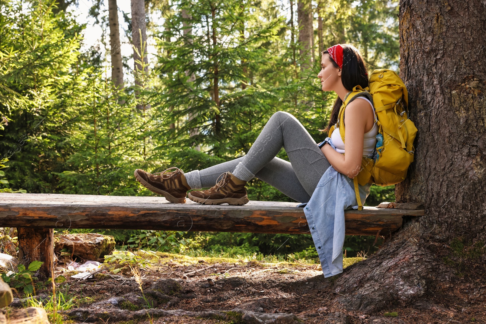 Photo of Young hiker sitting on wooden bench in forest