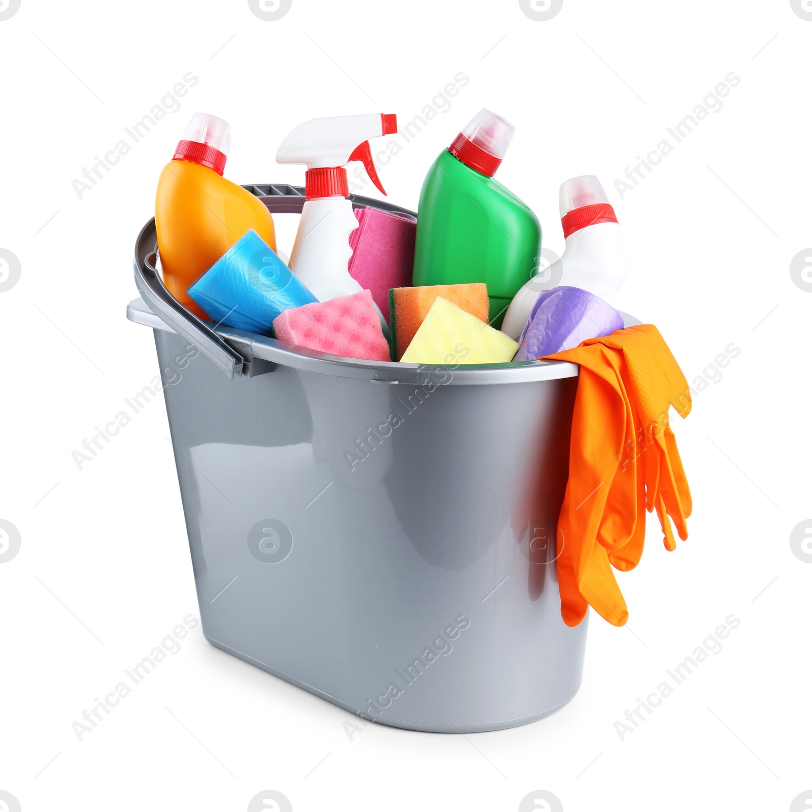 Photo of Bucket with different toilet cleaners, sponges, trash bags and gloves isolated on white