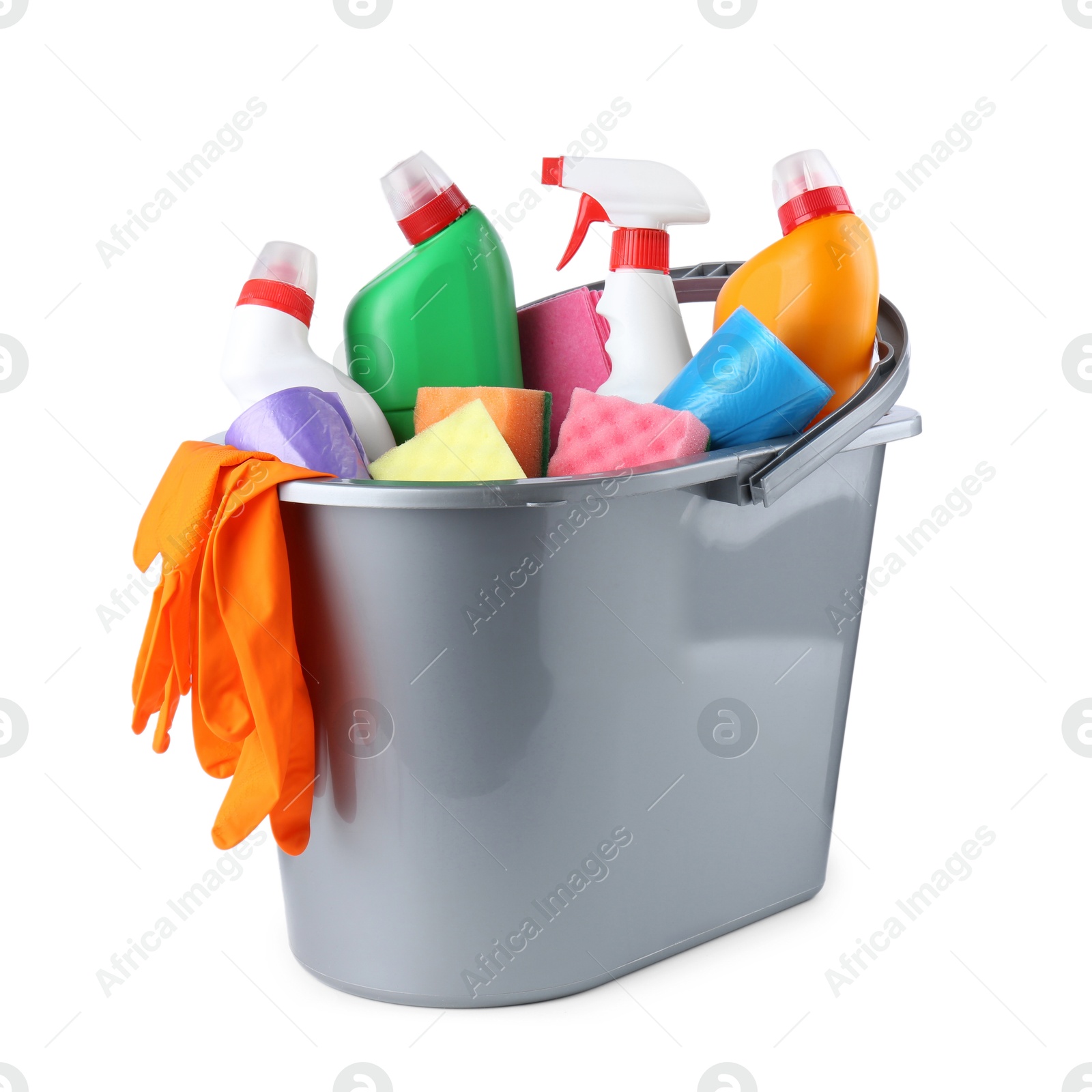 Photo of Bucket with different toilet cleaners, sponges, trash bags and gloves isolated on white