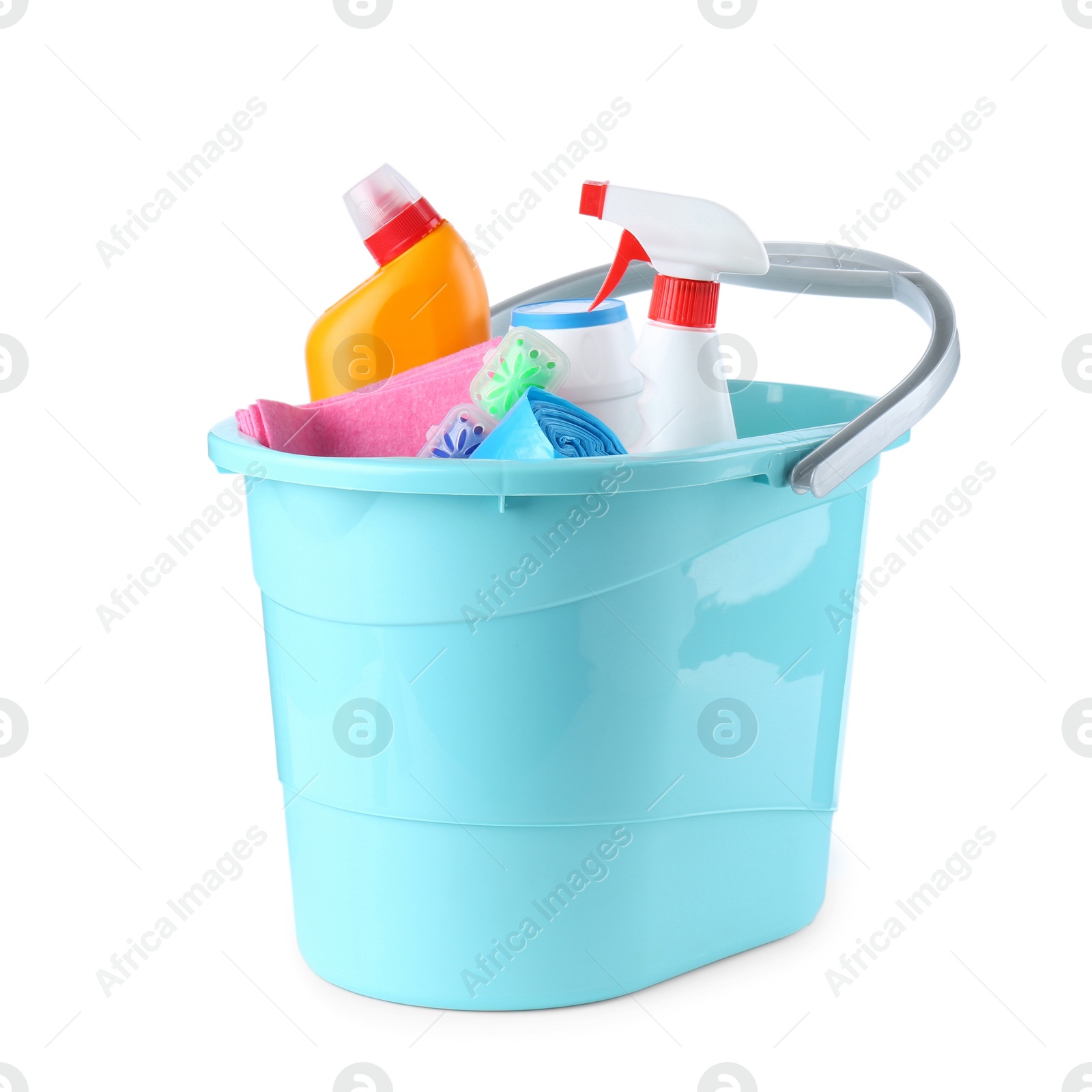 Photo of Bucket with different toilet cleaners, rag and trash bags isolated on white