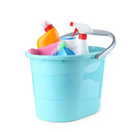 Photo of Bucket with different toilet cleaners, rag and trash bags isolated on white