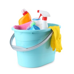 Photo of Bucket with different toilet cleaners, rag and trash bags isolated on white