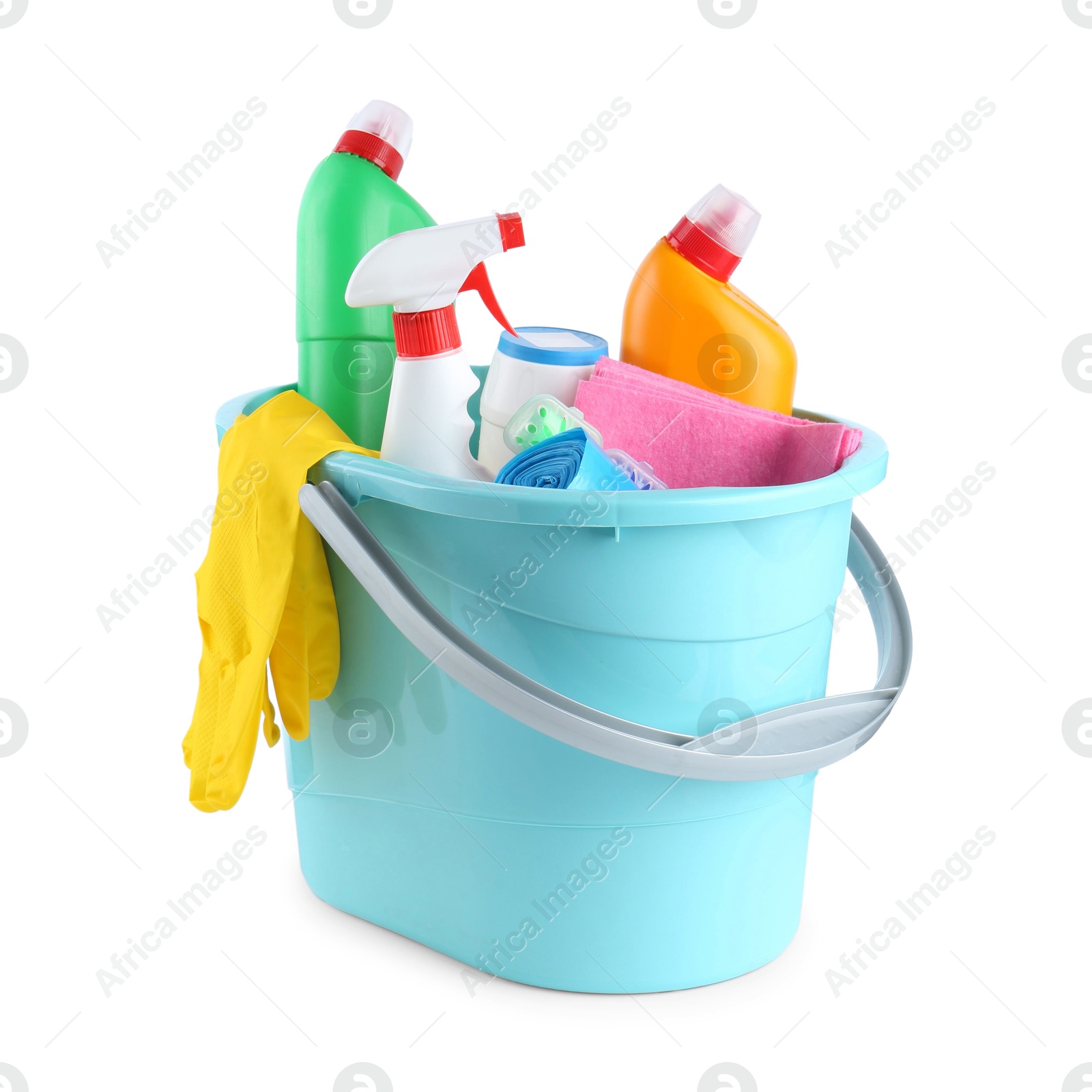 Photo of Bucket with different toilet cleaners, rag and gloves isolated on white