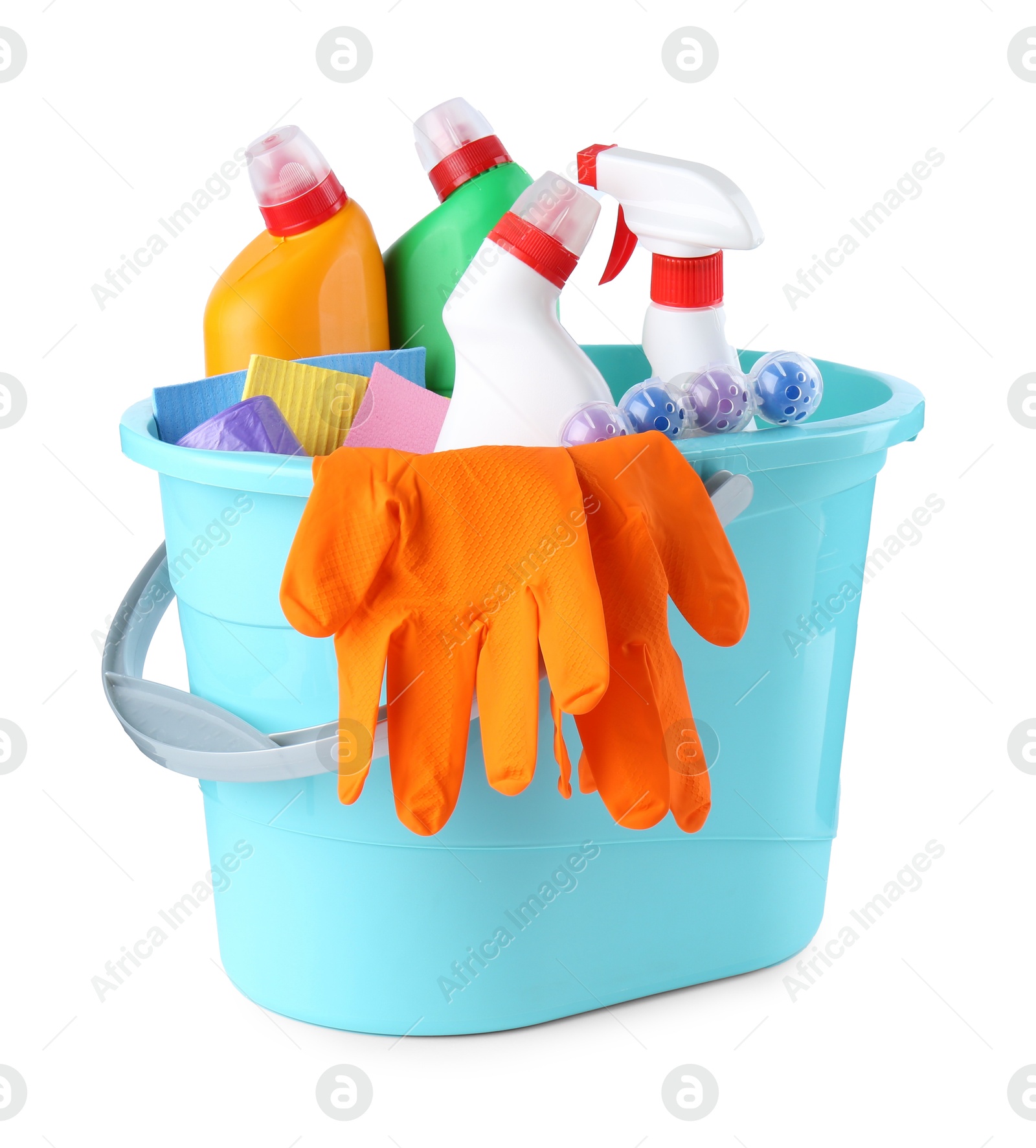 Photo of Bucket with different toilet cleaners, rags and gloves isolated on white