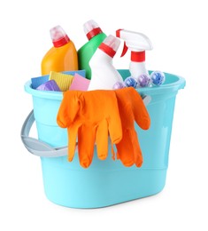 Photo of Bucket with different toilet cleaners, rags and gloves isolated on white