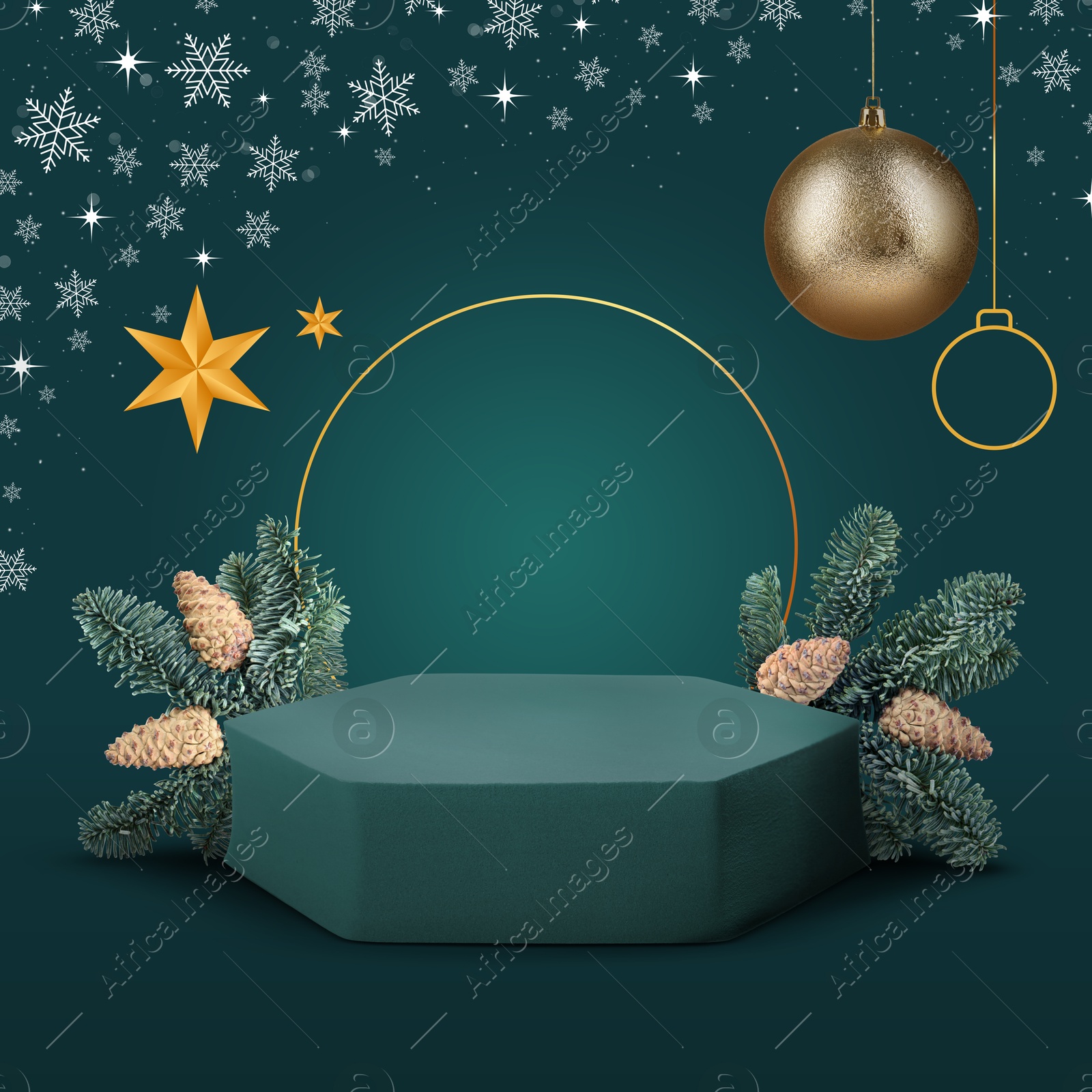 Image of Stage for stylish presentation with Christmas ball, snowflakes, empty podium and fir tree branches on teal background. Poster or sale flyer design