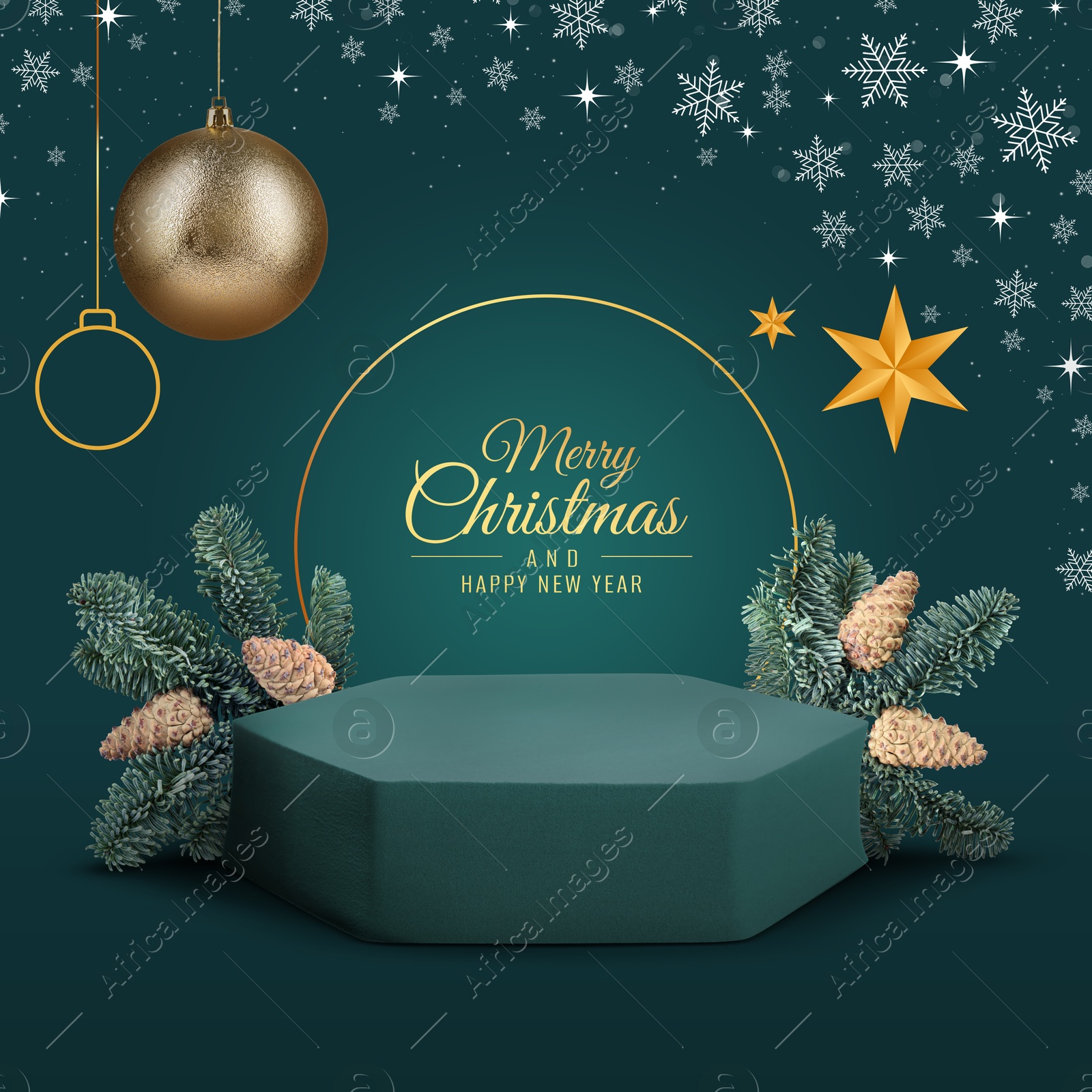 Image of Stylish Christmas greeting card design with festive decor, snowflakes and podium on teal background