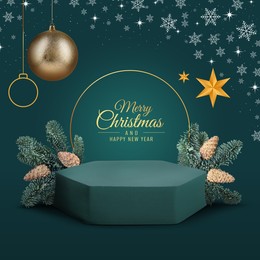 Stylish Christmas greeting card design with festive decor, snowflakes and podium on teal background