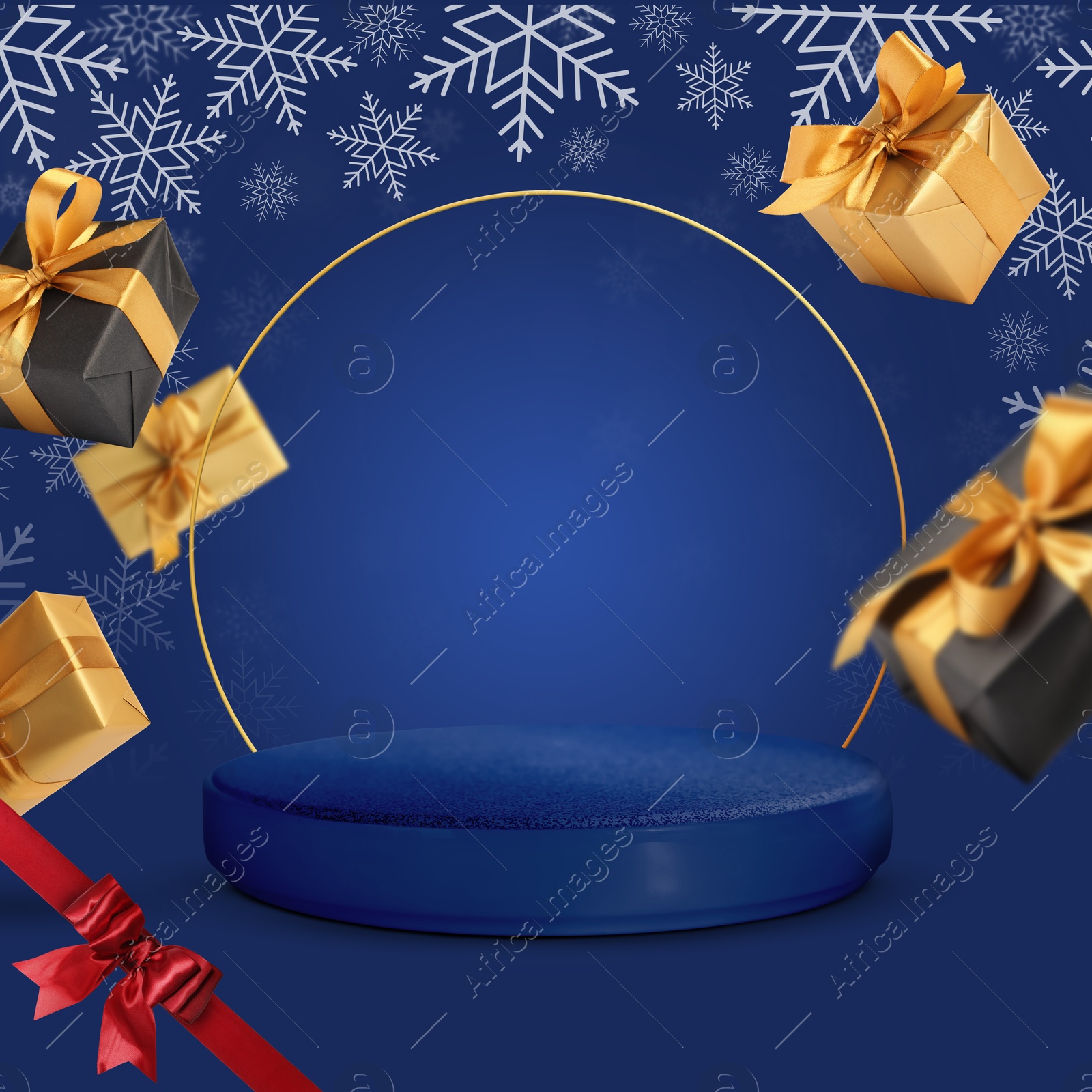 Image of Gift boxes falling near empty podium on blue background. Stage for stylish presentation. Christmas poster or sale flyer design