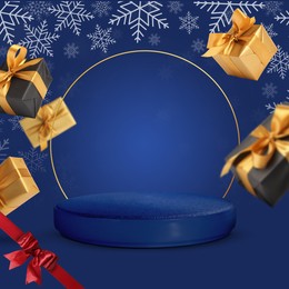 Image of Gift boxes falling near empty podium on blue background. Stage for stylish presentation. Christmas poster or sale flyer design