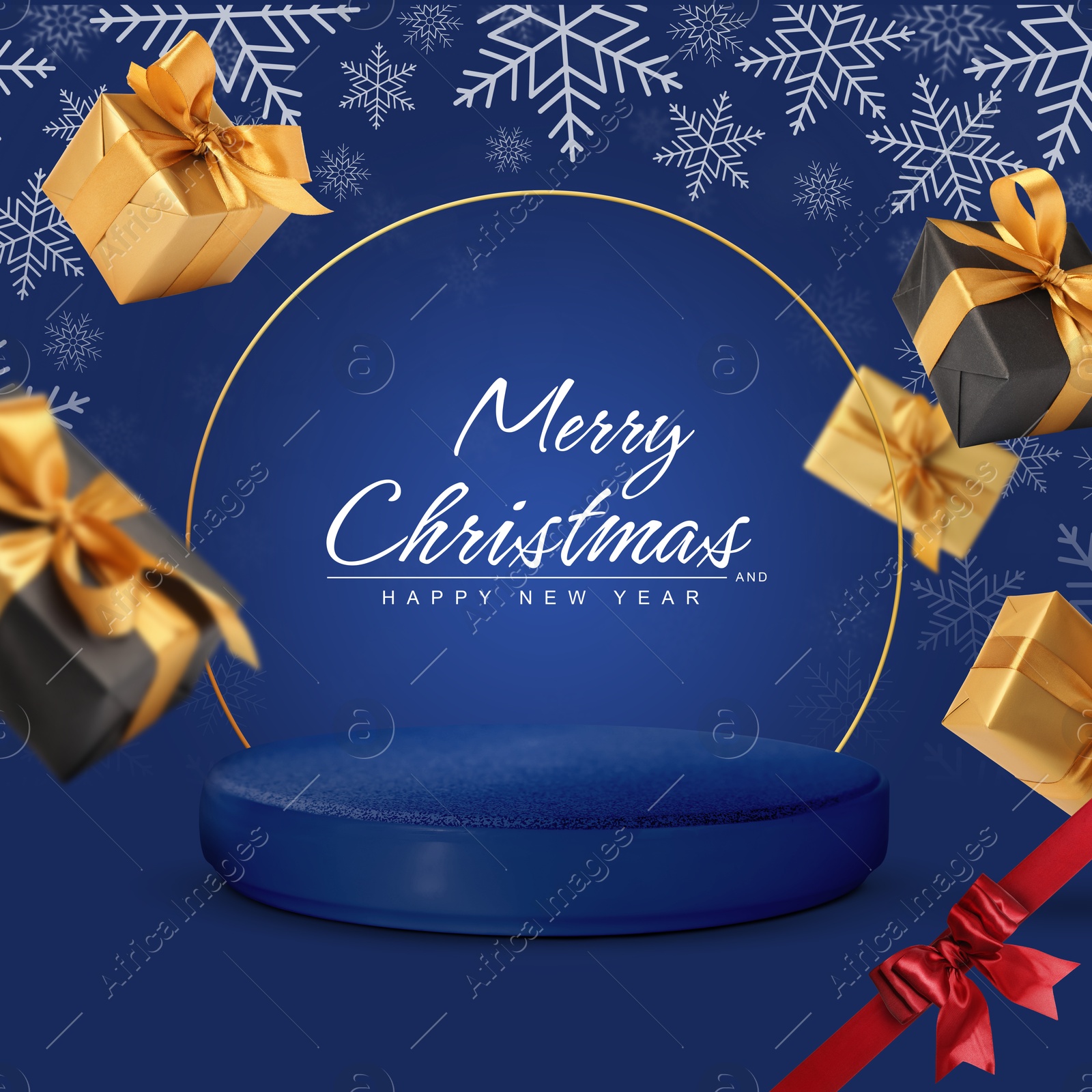 Image of Stylish Christmas greeting card design. Gift boxes falling near podium on blue background