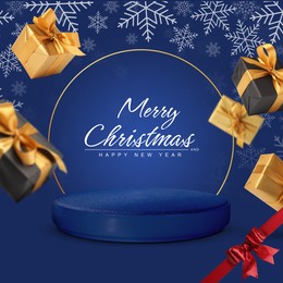 Image of Stylish Christmas greeting card design. Gift boxes falling near podium on blue background