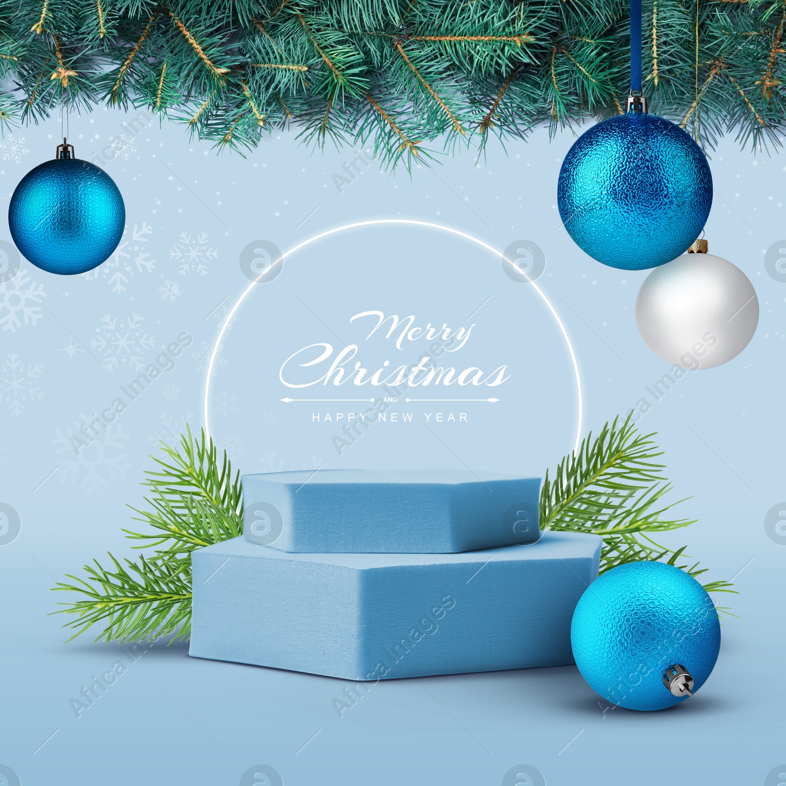 Image of Stylish Christmas greeting card design with festive balls, snowflakes and podium with fir tree branches on light blue background