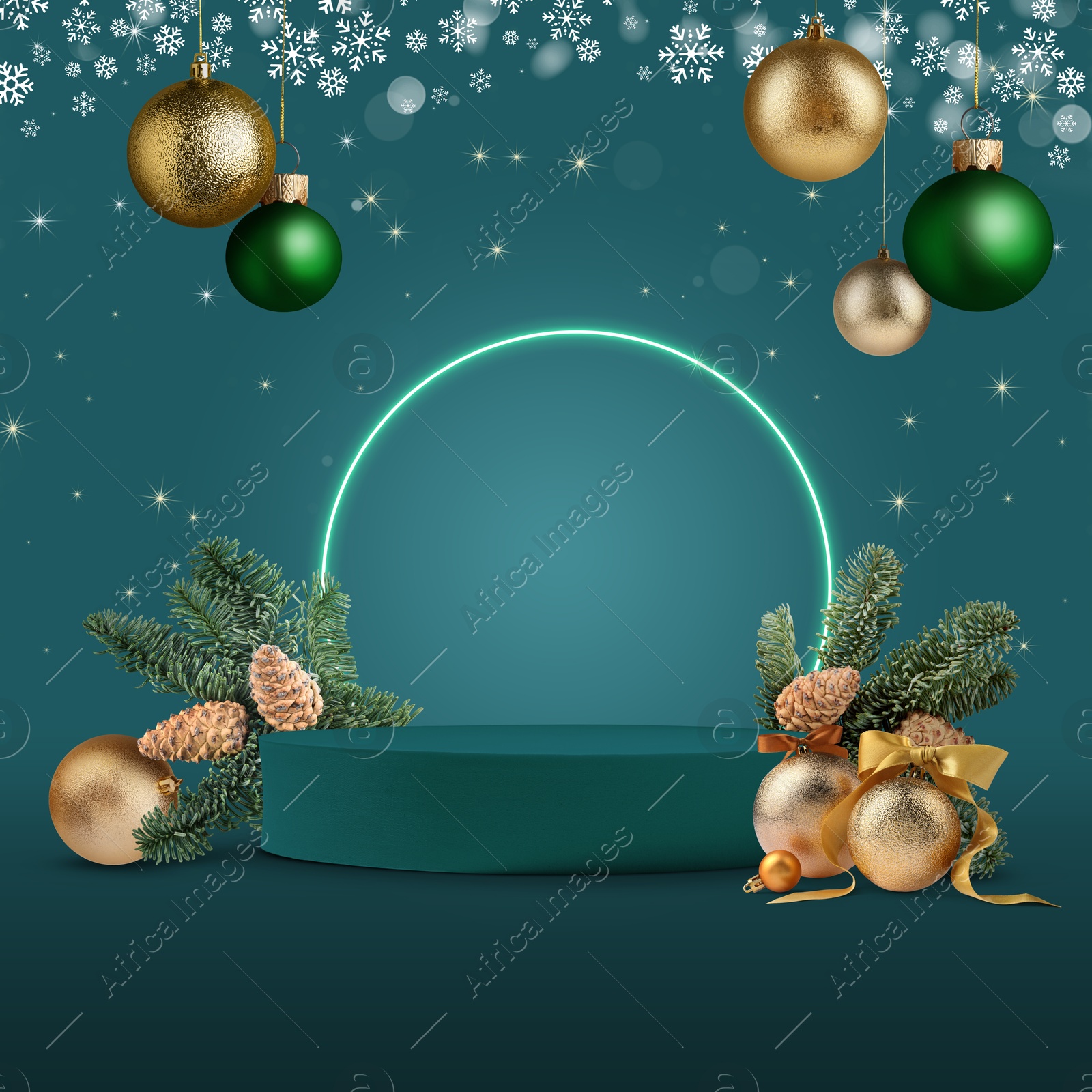 Image of Stage for stylish presentation with Christmas balls, snowflakes, empty podium and fir tree branches on teal background. Poster or sale flyer design