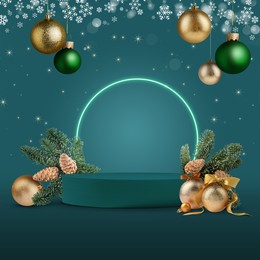 Image of Stage for stylish presentation with Christmas balls, snowflakes, empty podium and fir tree branches on teal background. Poster or sale flyer design