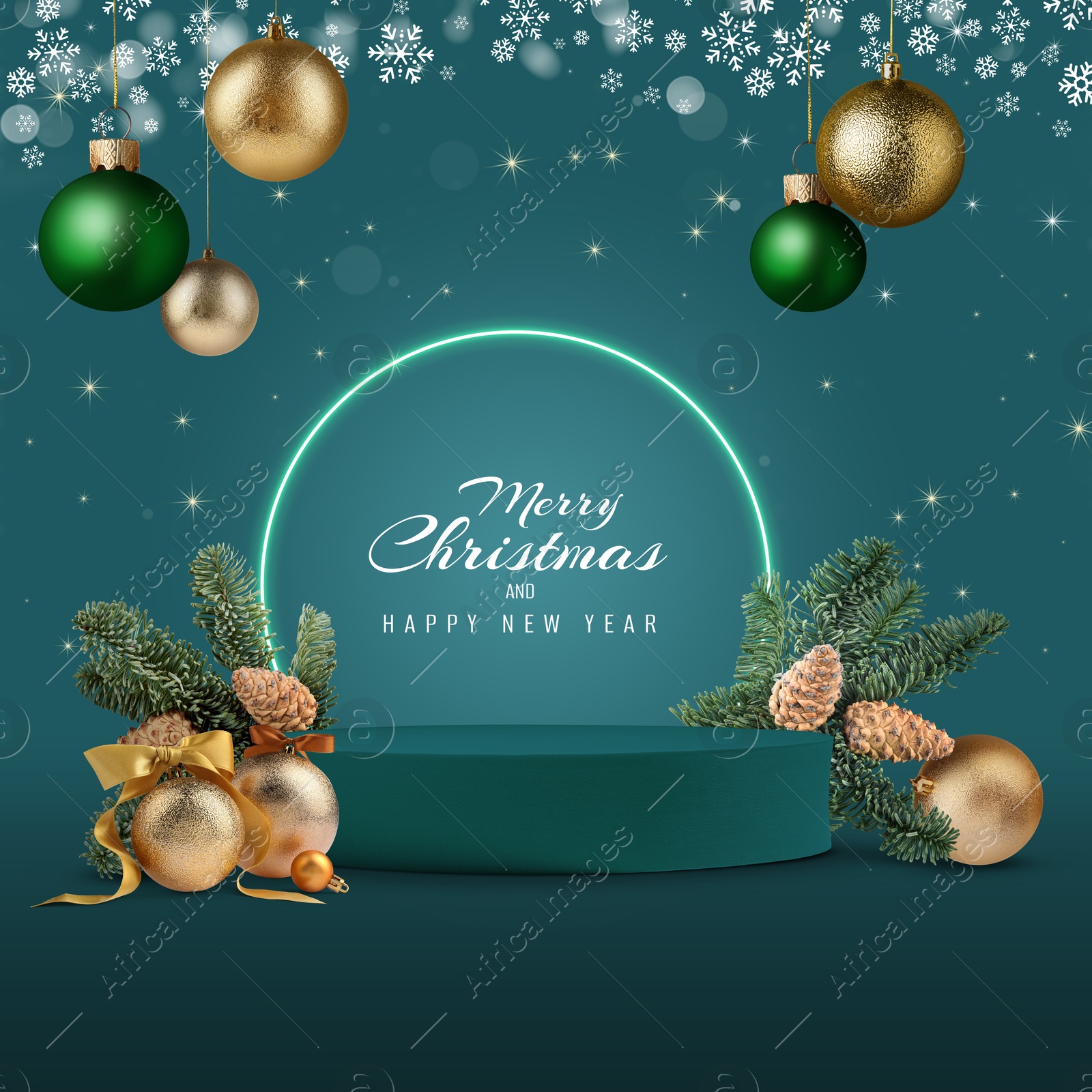 Image of Stylish Christmas greeting card design with festive balls, snowflakes and podium with fir tree branches on teal background