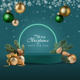 Stylish Christmas greeting card design with festive balls, snowflakes and podium with fir tree branches on teal background