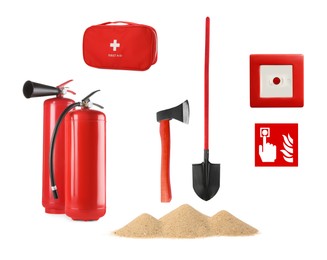 Image of Collage with fire extinguishers and other firefighting equipment on white background