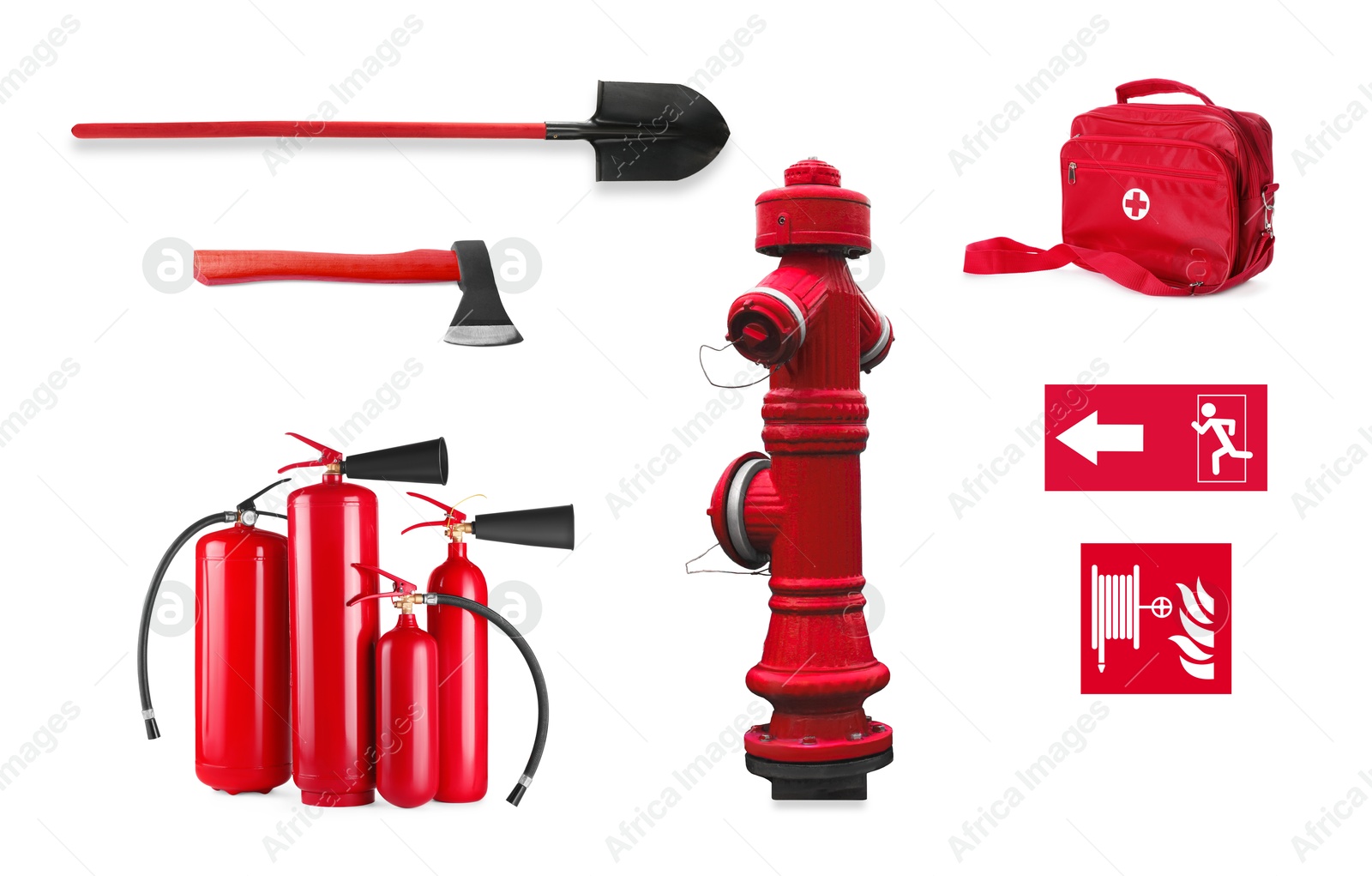 Image of Collage with fire extinguishers and other firefighting equipment on white background