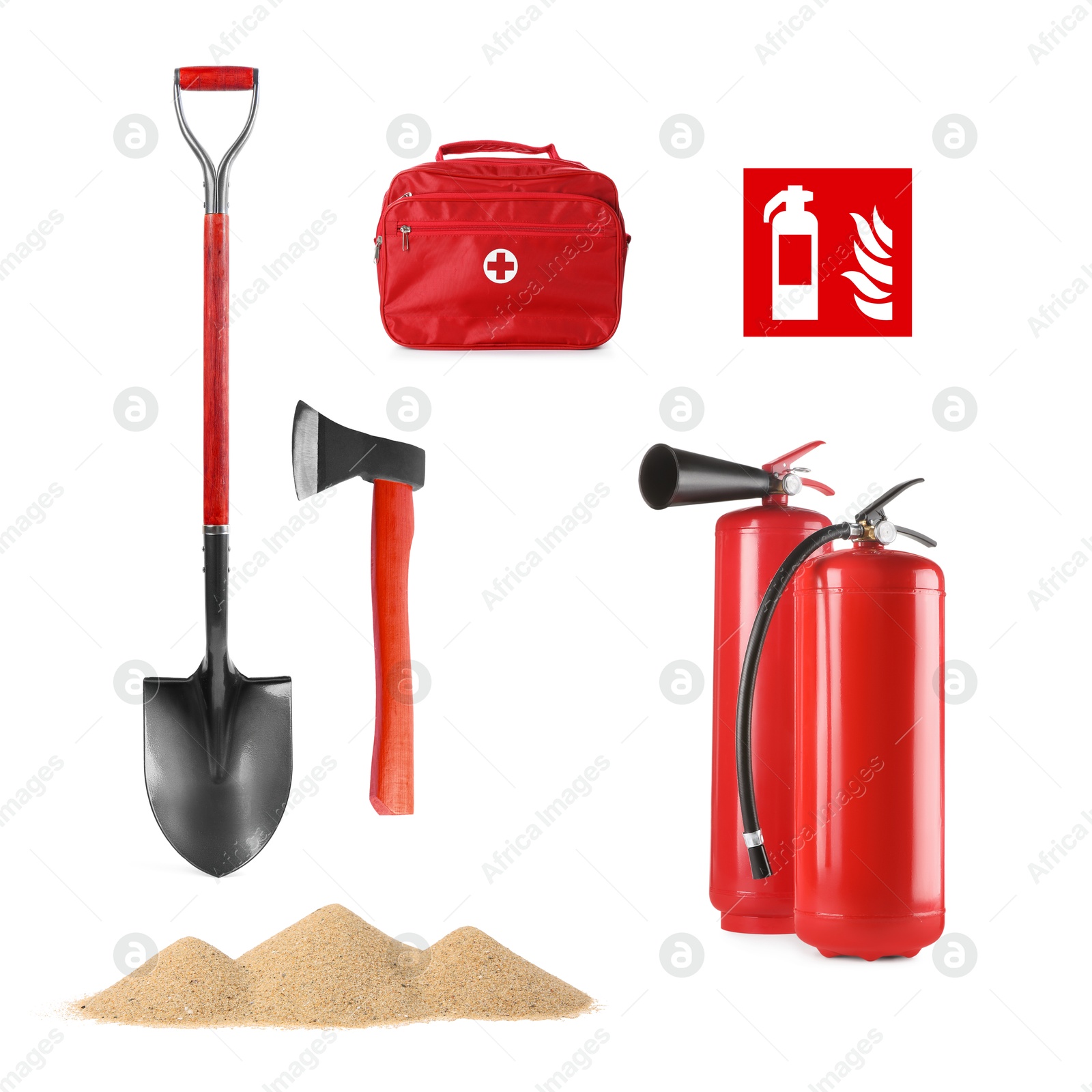 Image of Collage with fire extinguishers and other firefighting equipment on white background