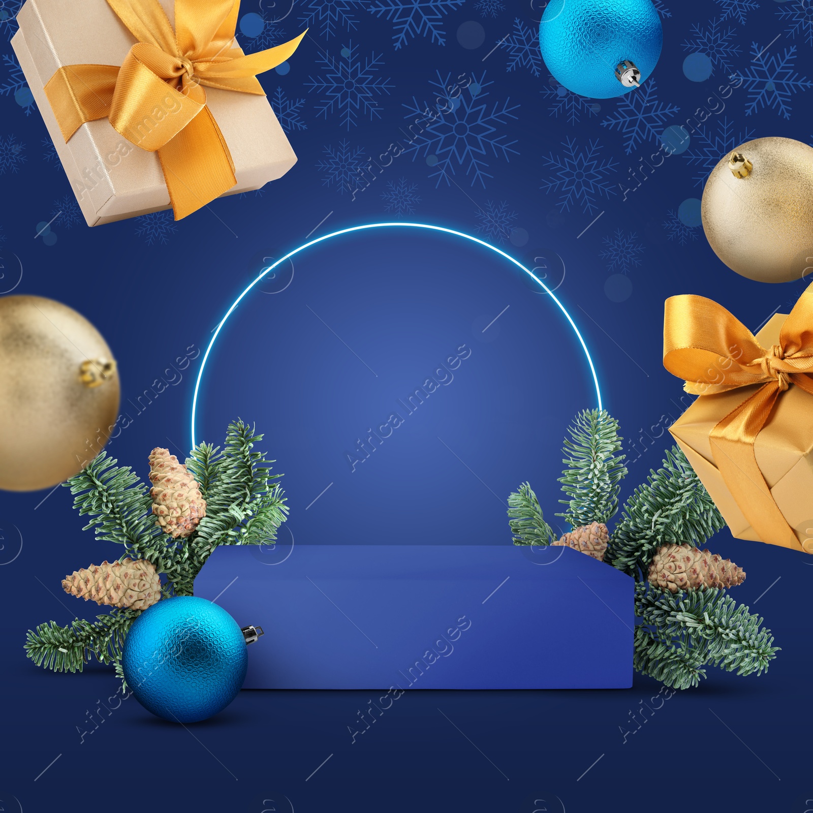 Image of Stage for stylish presentation with Christmas balls, snowflakes, gift boxes, empty podium and fir tree branches on blue background. Poster or sale flyer design