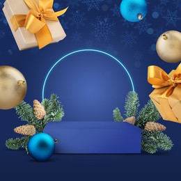 Image of Stage for stylish presentation with Christmas balls, snowflakes, gift boxes, empty podium and fir tree branches on blue background. Poster or sale flyer design