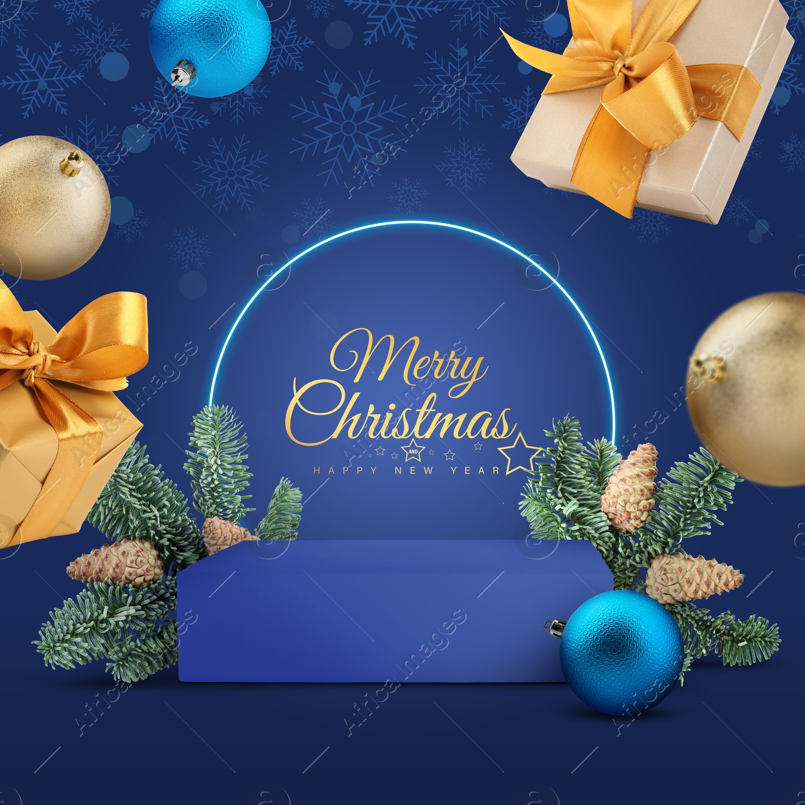 Image of Stylish Christmas greeting card design with festive balls, gift boxes, snowflakes and podium with fir tree branches on blue background