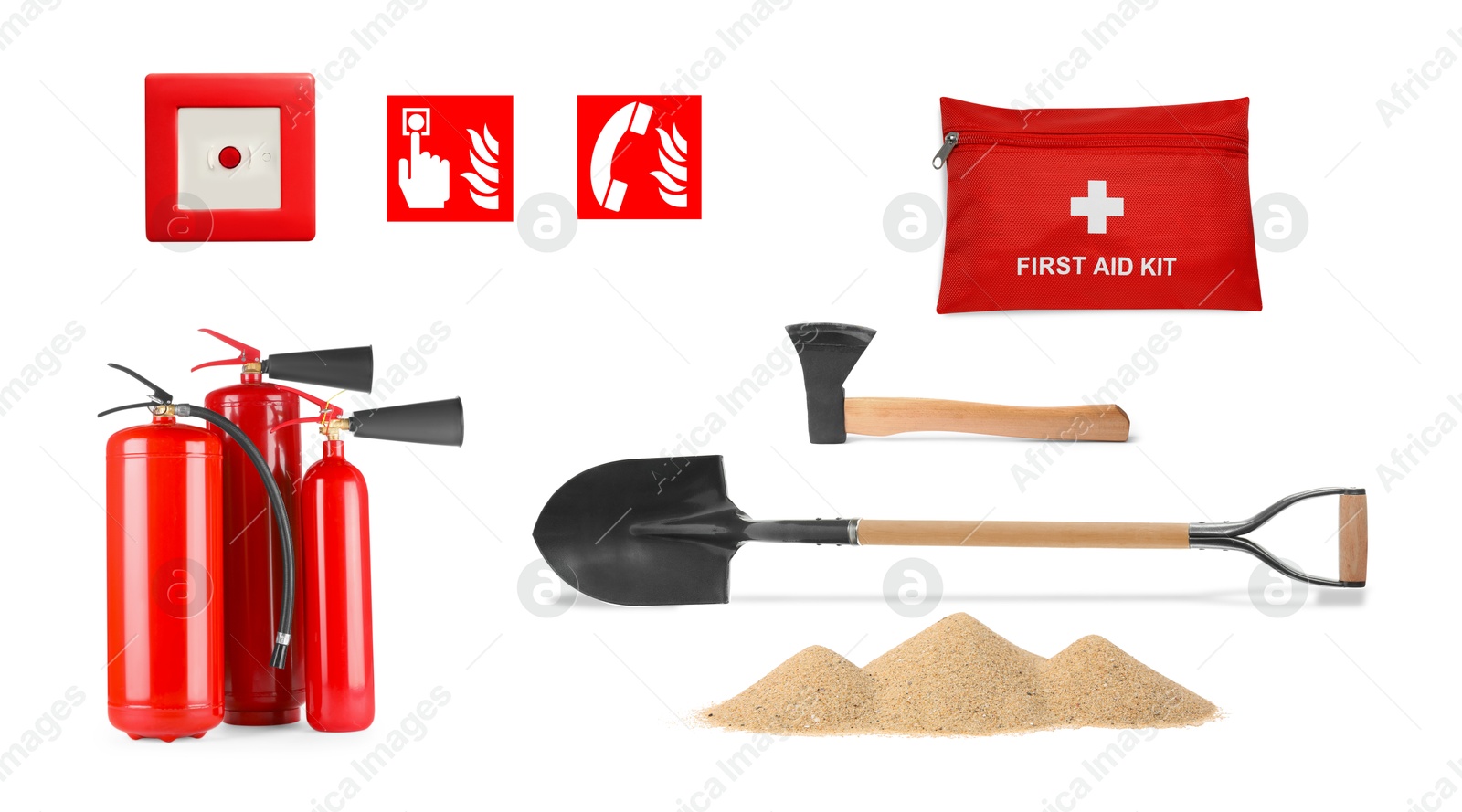 Image of Collage with fire extinguishers and other firefighting equipment on white background