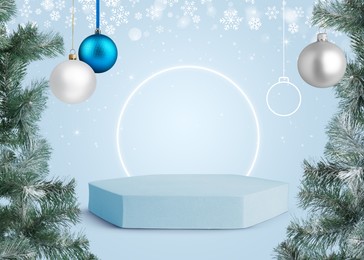 Image of Christmas balls and snowflakes over empty podium on light blue background. Stage for stylish presentation. Xmas poster or sale flyer design