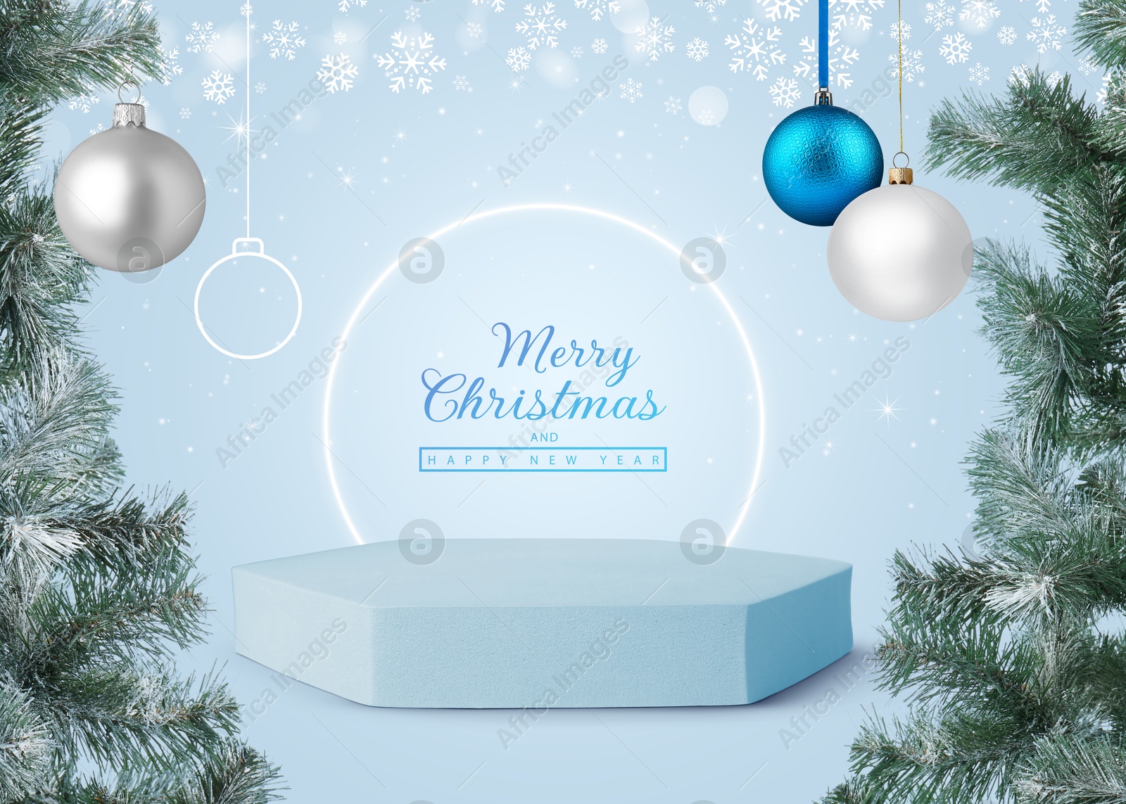 Image of Stylish Christmas greeting card design. Christmas balls and snowflakes over podium on light blue background