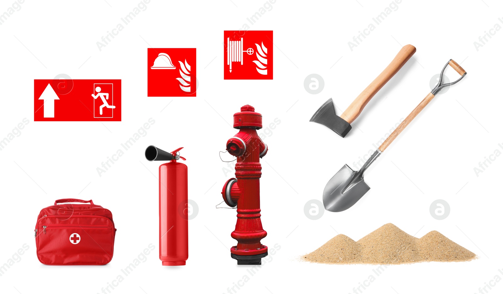 Image of Collage with fire extinguisher and other firefighting equipment on white background