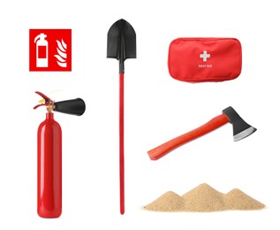 Image of Collage with fire extinguisher and other firefighting equipment on white background